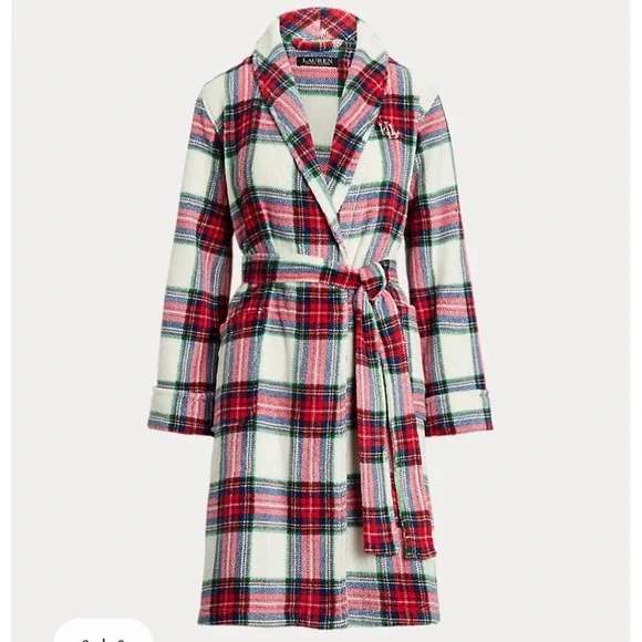 Ralph Lauren Women's Plush Soft Plaid Shawl-Collar Robe Cream Red MEDIUM NEW